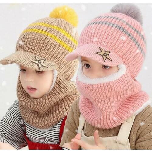 Childrens Winter Knitted Pom Pom Ball Hat Scarf Set Girls Boys Beanies Cap Warm Wool Plush Hooded Hats Baby Scarves Neckwarmers
