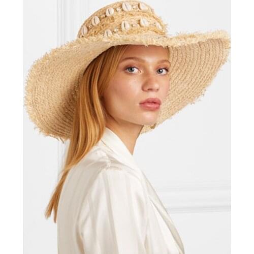 New shell bright diamond grass tassel decoration ring top raffia large brim hat fashion sun straw hat