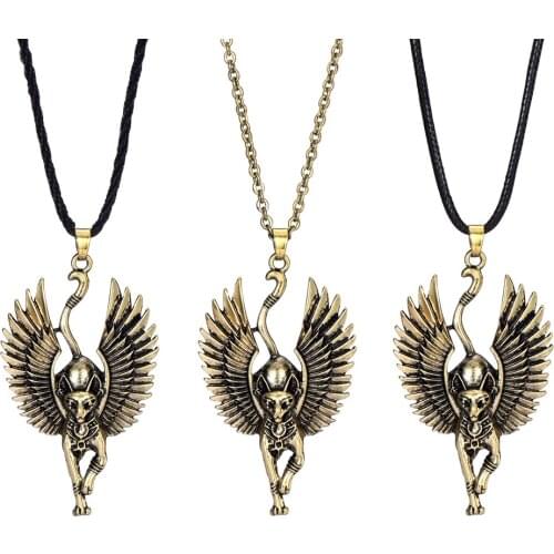 Ancient Egyptian Mythology Cat God Wing Pendant Ethnic Cat Jewelry Amulet Jewelry Female Mens Amulet Necklace