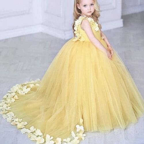 SuperKimJo Yellow Flower Girl Dresses for Weddings Robe Mariage Fille 3D Flowers Puffy Cute Kids Prom Gown Girls Ball Gown