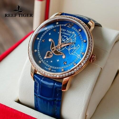 Reef Tiger/RT New Fashion Womens Automatic Mechanica Watches Blue Dial Rose Gold Watches for Lover Diamonds Ladies Watches