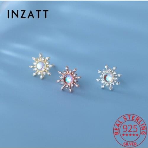 INZATT Real 925 Sterling Silver Zircon Sun Flower Stud Earrings For Women Asymmetry Charming Fine Jewelry Trendy Accessories