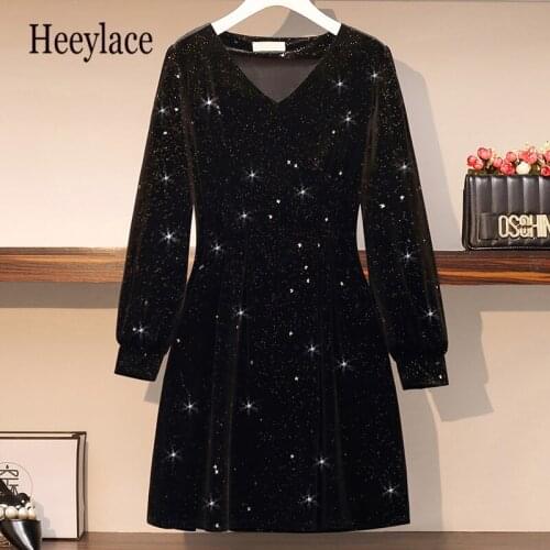 Plus Size Women Autumn Velvet Dresses 5XL Long Sleeve Sequined V Neck High Waist A-line Vestidos De Fiesta Vintage Black Dress