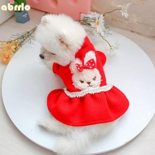 Winter Dog Dress Girl Small Dog Clothes Cute Red Rabbit Luxury Pearl Skirt Puppy Coat Doggy Jacket Pets Warm Apparel Chihuahua