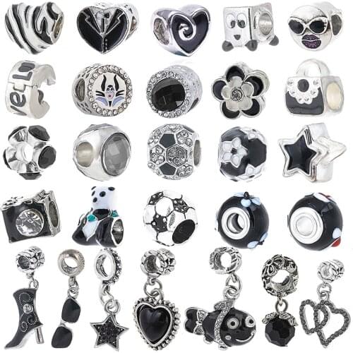 2Pcs/lot Fashion Black Heart Beads Silver Color Charm Bracelets Fits DIY Original Bracelets Necklace For Women Jewelry Making