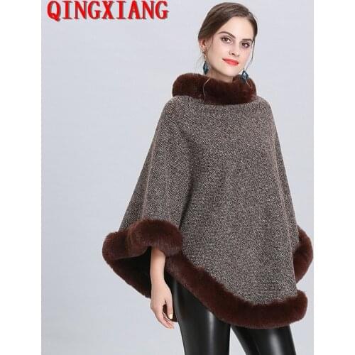 5 Color 2019 Winter Faux Fox Fur Out Street Wear Women Capes Solid Poncho Knitted O Neck Fur Sweater Plus Velvet Warm Pullover