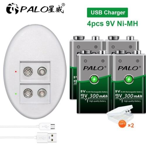 Palo 2-8pcs 300mah 9V nimh battery rechargeable 9V battery 6f22+usb 9V battery charger for 9V nimh li-ion rechargeable battery