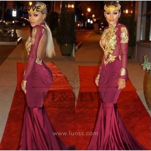 2021 Burgundy Evening Dress Mermaid Long Sleeves Gold Lace Appliques Floor Length Satin Evening Prom Party Gowns