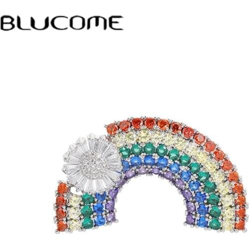 Blucome Full Colorful Cubic Zircon Cloud Rainbow Shape Brooches For Women Silver Color Flower Wedding Party Suit Lapel Pins