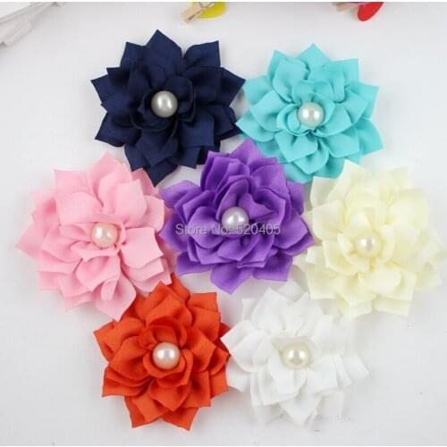 Double-deck fabric flowers with pearl center chiffon flower for headbands shoes Flowers hair band 50PCS hair acessoriese