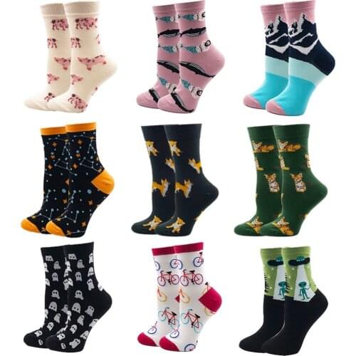 VPM Cotton Crew Womens Socks Casual Cute Streetwear Design Funny Alien Pig Dog Cat Space Print for Girl Gift