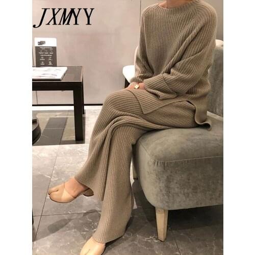 JXMYY 2021 New Fashion Winter Womens Thicken Warm Knitted Pullover Sweater Two-Piece Suits +High Waist Loose Wide Leg Pants Set