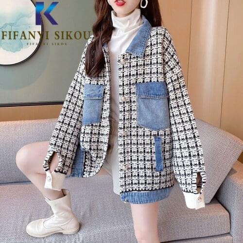 Denim Spliced Knitted Sweater Jacket Women Fashion Pocket Lapel Plaid Knit Cardigan Coat Loose Single Breasted Sweaters Female