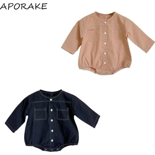 2021 0-18M Japanese Style Infant Girl Solid Color Playsuit Toddler Autumn Button-down Long Sleeve Round Neck Romper Outfit