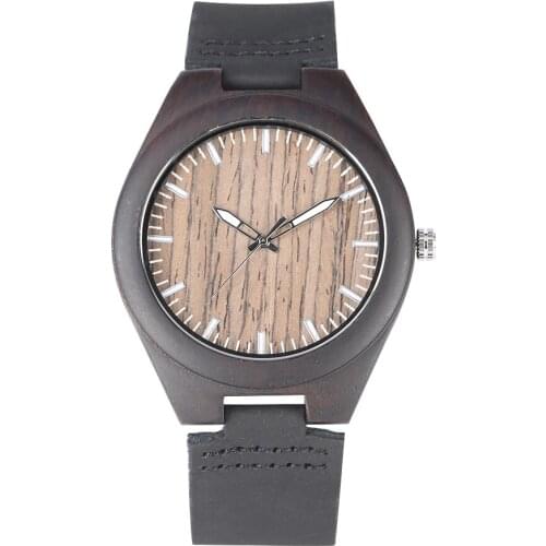 Mens Natural Black Sandalwood Quartz Wooden Watches Premium Leather Band Practical Luminous Function Fashion Wooden Wristwatch