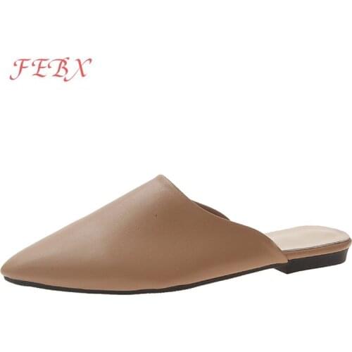 Women Mules Summer Ladies Pointed Toe PU Leather Slide Slip-on Concise Flat Female Sandals Womens Fashion Comfortable Shoes New