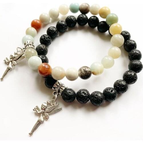 Natural Black Lava Rock Stones Amazonite Round Beads Bracelet Tibetan Silver Metal Fairy Angel Wings Pendant Stretch Bracelet