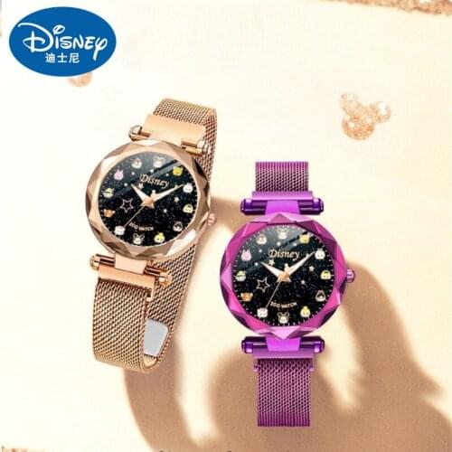 Disney New Casual Women Romantic Starry Sky Wrist Watch Leather Rhinestone Designer Ladies Clock Simple Dress Gfit Montre Femme