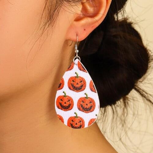 Wholesale New Women Earrings Leather Pendant Halloween Pattern Earrings Long Dangle Waterdrop Smile Pumpkin Earrings Jewelry
