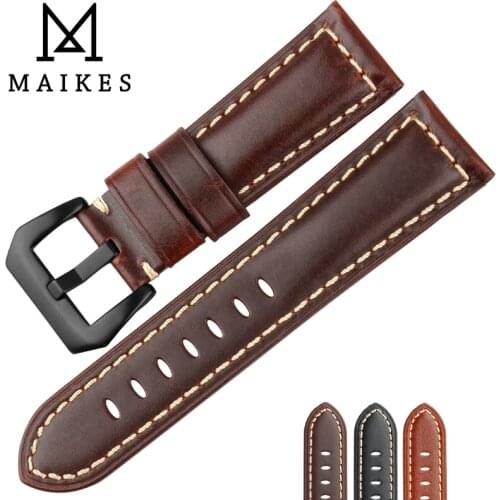 MAIKES High Quality Genuine Leather Watchband Black Buckle Watch Accessories For seiko Watch Strap 22mm 24mm 26mm Bracelets