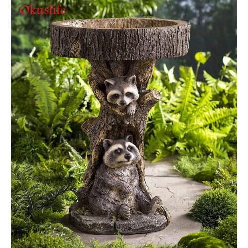 Outdoor Bird Feeder Garden Decoration Double Raccoon Resin Ornaments Hand Painting Craft Bird Drinking Appliance
