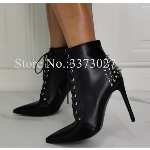 Lady Sexy Black Leather Rivets Ankle Boots Woman Fashion Lace-up Rivets Short Boots Female New Autumn Casual Boots Dropship