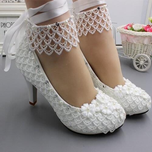 Women wedding shoes bride handmade lace flower white ribbons NQ247 ankle straps ladies bridal wedding party pumsp shoes