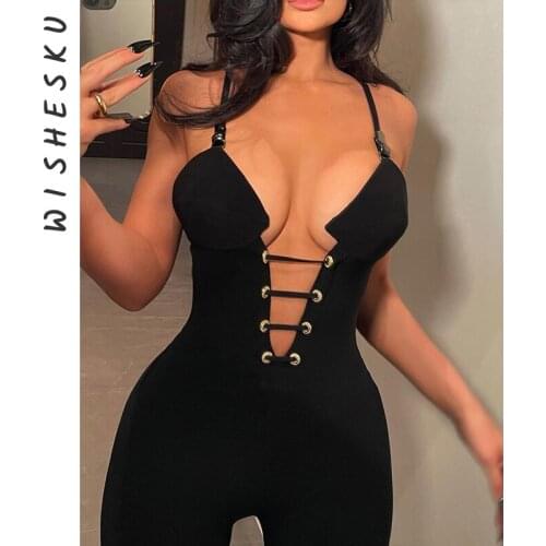2021 Summer Womens Hollow Out Bodycon Bandage Jumpsuit Black Sexy Spaghetti Strap Backless Celebrity Party One Piece Rompers