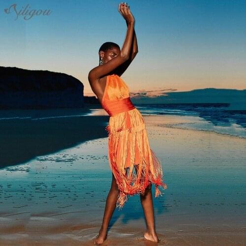 Ailigou Summer WomenS Solid Color Hanging Neck Tassel Design Round Neck Sleeveless Fashion Sexy Celebrity Party Bandage Dress