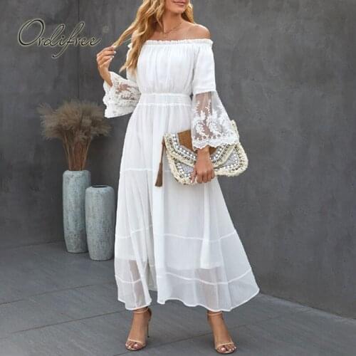 Ordifree 2021 Summer Boho Women Maxi Dress Long Sleeve Sexy Vocation White Lace Tunic Long Beach Dress