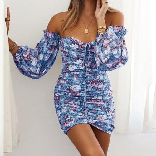 Floral Pattern Folds Sexy Fashion Womens Dress Long Sleeve Slash Neck Slim Dress