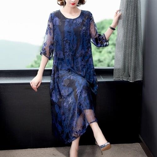 2021 Summer Blue Jacquard Mulberry Silk Maxi Dress Spring Casual Loose 3XL Plus Size Midi Dress Elegant Bodycon Party Vestidos