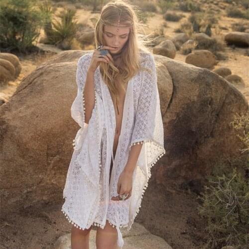 Happie Queens women batwing sleeve loose beach Bohemian kimono Ladies V neck sashes white lace Summer Boho kimono