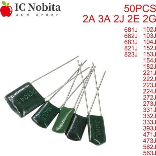 50PCS 100V 250V 400V 630V 1000V Polyester Film Capacitor 2A471 2A152J 2E222J 2E332J 2G153J 2G103J 2J472J 2J682J 3A102J 3A103J