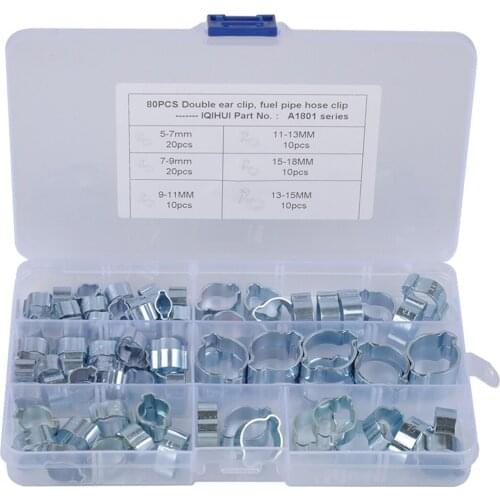 80 PCS 5-18mm Double Ear Stepless Hose Clamps , Stainless Steel Wire Tube Pipe Fuel Line Clip Assortment kit- 6 specifications