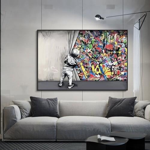 Abstract Little Boy Graffiti Art Painting On Canvas Nordic Cartoon Posters and Prints Wall Art For Kids Room Living Room Decor