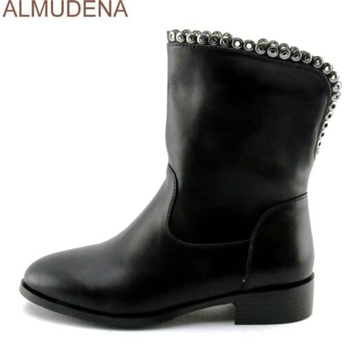 ALMUDENA New Year Spring Black Mid-calf Motorcycle Boots Thick Squared Heels Casual Boots Metal Ring Decoration Outdoor Boots