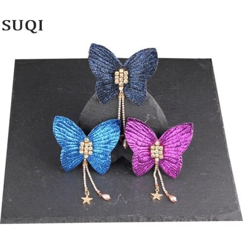 SUQI shinning animal butterfly Brooches pins for womens dress hat Clothing pins jewelry Rhinestone tassels brooch accessories
