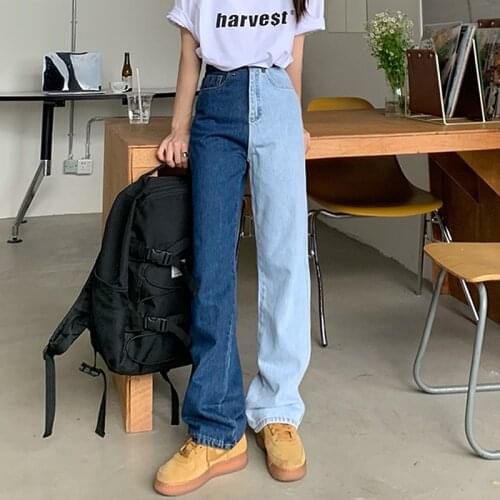 High Waist Patchwork Straight Jeans Woman Plus Size Vinatge Mom Jeans Female Washed Boyfriend Jeans Femme