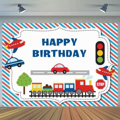 Children Happy Birthday Photography Backdrop Traffic Light Car Aircraft Cartoon Boy Birthday Cake Table Background Photo Shoot