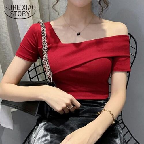 Sexy Slash Neck T Shirts Women Korean Chic Short Sleeve Female Tops Summer 2021 Casual Cotton Ladies Tees Blusas Slim Fit 15094