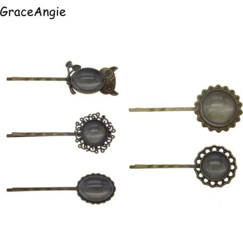 GraceAngie 5sets Retro alloy vintage bronze hairpin hair round owl clip flower blank setting base with glass cabochon accessory