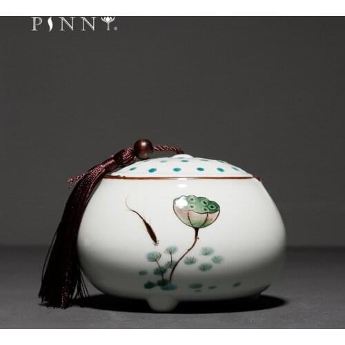 PINNY Hand Painted Lotus Ceramic Tea Caddy Retro Storage Containers Chinese Kung Fu Tea Accessories Vintage Tea Service