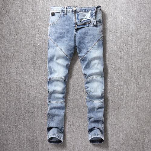 Korean Style Fashion Men Jeans Retro Light Blue Spliced Designer Elastic Biker Jeans Men Streetwear Hip Hop Denim Punk Pants