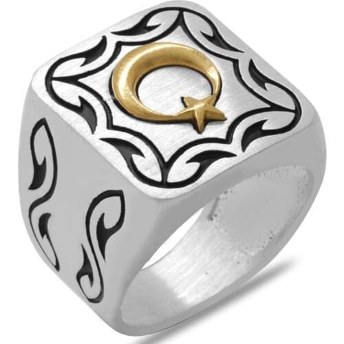 Solid 925 Sterling Silver Square Shaped Crescent Moon Star Mens Ring