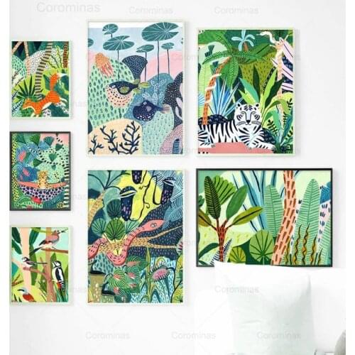 Llama Forest Wall Art Canvas Painting Cheetah Bird Tiger Snake Leaf Nordic Posters and Prints Pictures for Interior Home Decor