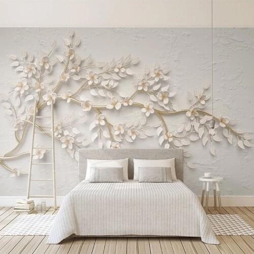 Custom Photo Mural Wallpaper Modern Golden Tree Branch White Flowers 3D Embossed Bedroom Living Room TV Background Wall Murals
