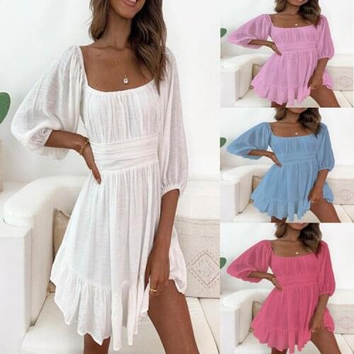 2021 New Fashion Lantern Sleeve Middle Sleeve Ruffled Square Neck Cotton and Linen Dress