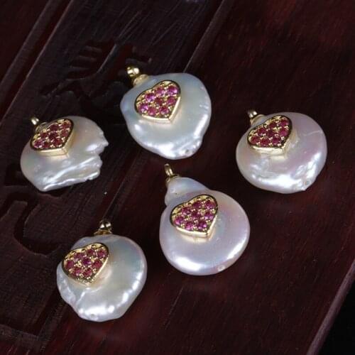 Hot pink red cz paved gold tiny heart charms freshwater pearl bead pendant charm for diy jewelry making for choker earring