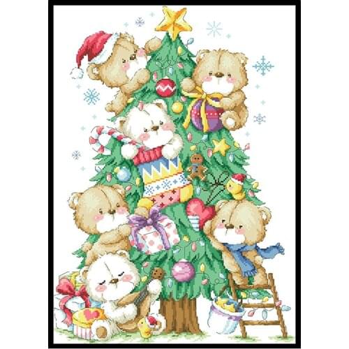 Celebrate Christmas Stamped Cross Stitch Kits Bears Embroidery Printed Canvas 11CT 14CT DIY Needlework Sets Home Decor Paintings